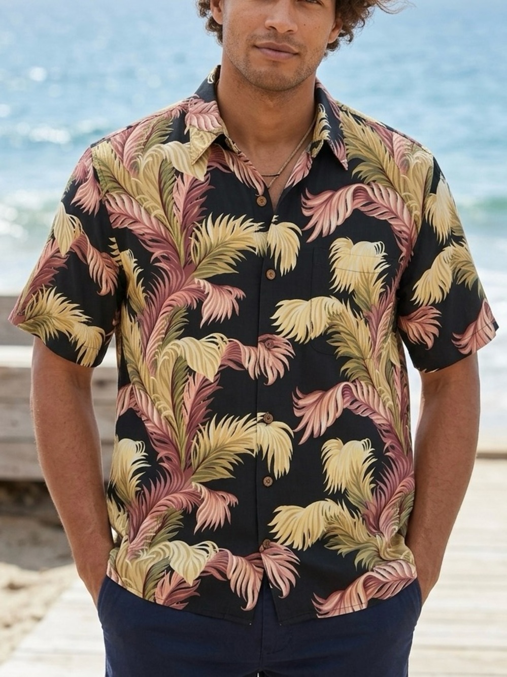 Reyn Spooner Hawaiian Shirt Large L Black Pink Champagne Tropical Rayon Hawaii